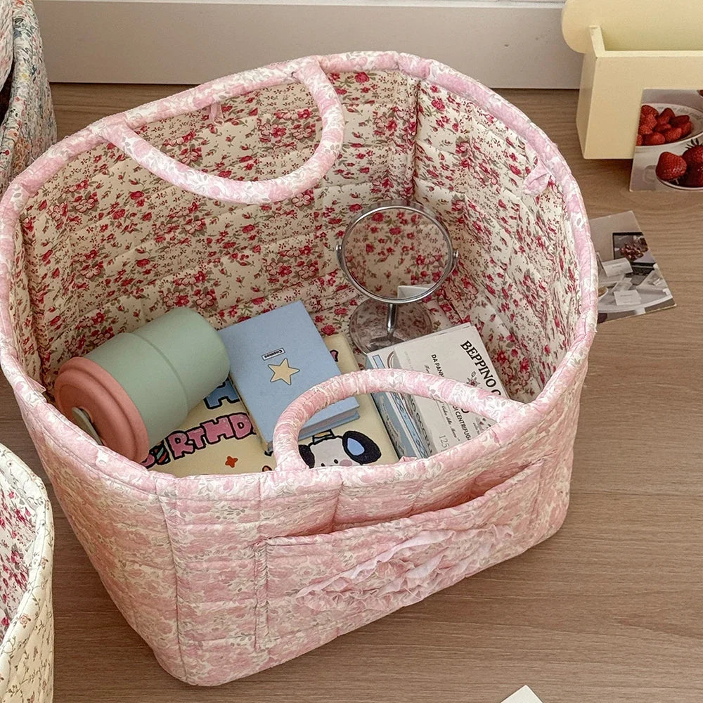 Airfriend Vintage Floral Organizers Basket With Handle Portable Home Room Quilted Foldable Storage Basket For Snack Clothes Toys