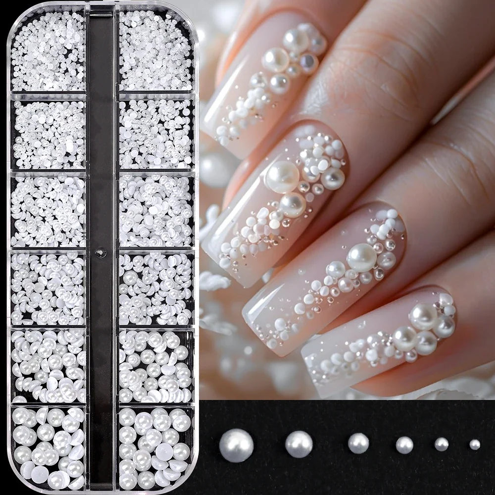 12Grids Ocean Gold Nail Art Charms Shell/Seahorse/Starfish White Half Round Pearl Gems 3D Mixed Punk Manicure Metal Rivets Studs