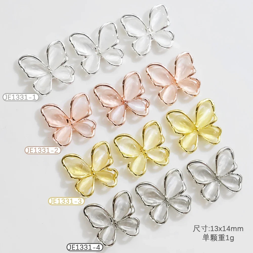 10Pcs 3D Hollow Cat Eye Butterfly Nail Art Charms Gold/Silver Inlaid Gem Crystal Butterfly Rhinestones DIY Alloy Manicure Decor