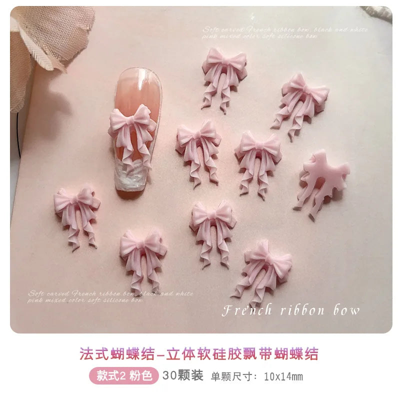 30Pcs Soft Acrylic Ribbon Bow Tie Nail Art Charms Accessories For Manicure Decor Sweet Girl Nails Decoration Supplies Material