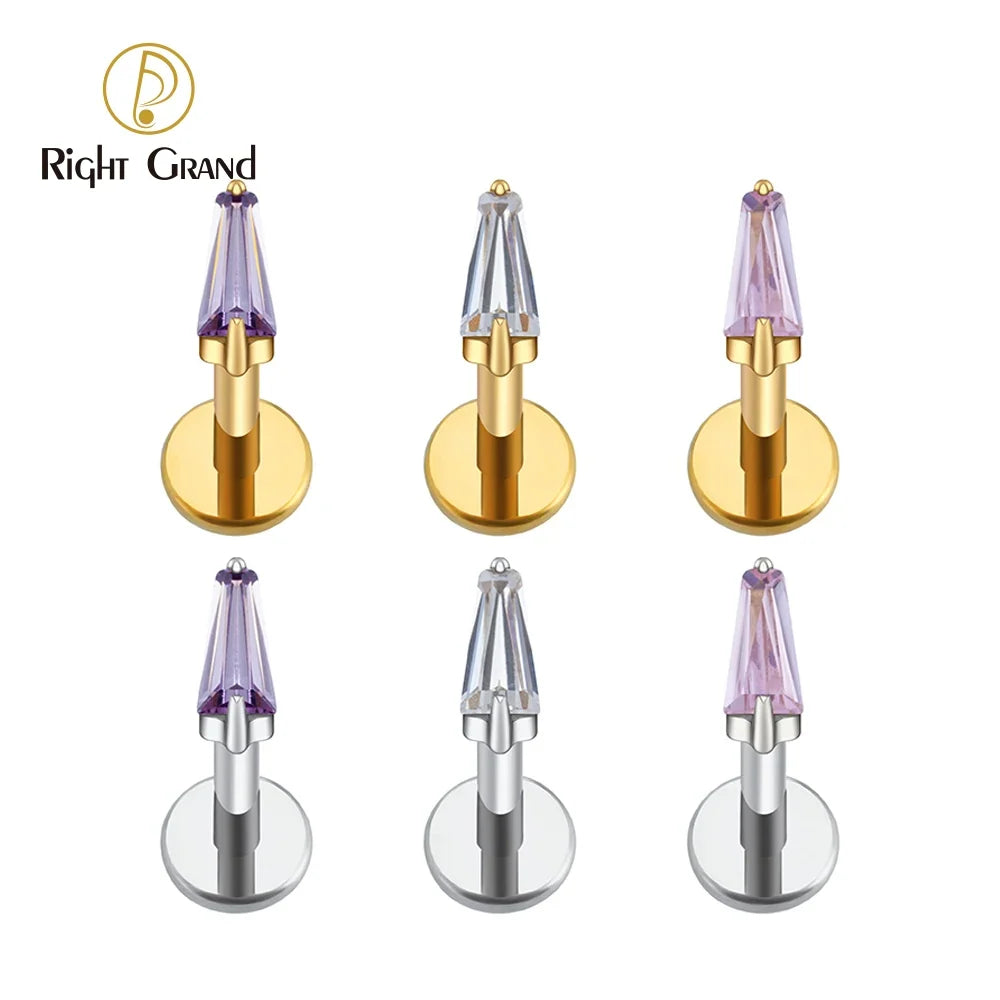 Right Grand ASTM F136 Titanium 16G Trapezoid CZ Labret Stud Earring Geometric Tragus Helix Cartilage Ear Lobe Piercing