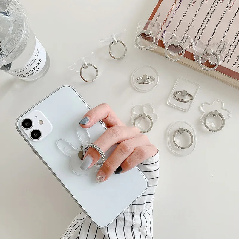 Cell Phone Ring Holder Stand Diamond Transparent Finger Grip Clear 360 Degree Rotation Kickstand Compatible iPhones