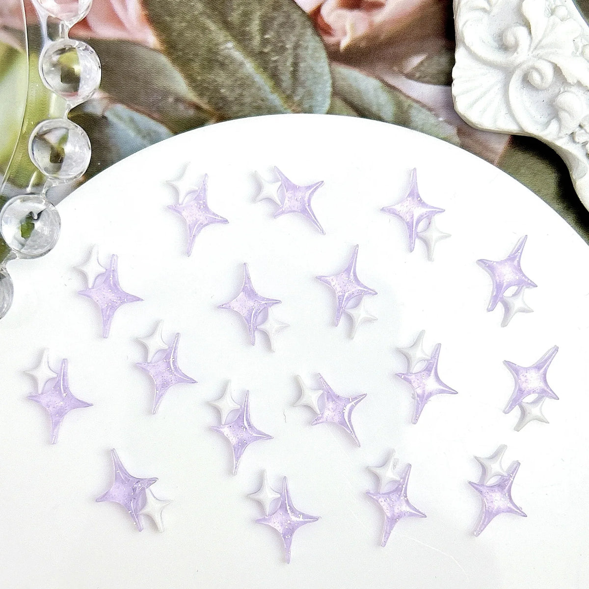 50PCS Transparent Resin Moon Cloud Nail Art Charms with White Purple Sparkling Four-pointed Star Nail Decoration DIY Nail Crafts