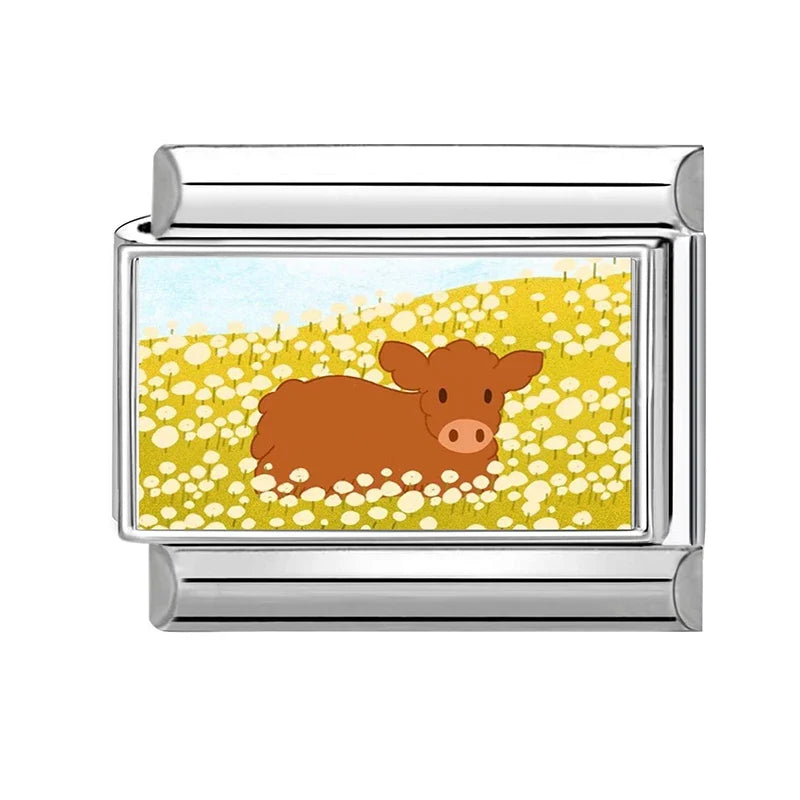 Wholesale 2026 Fashion Cute Cow Flowers Field Fish Bag Charm Italian Links Fit 9mm Bracelet Stainless Steel Making DIY Jewelry