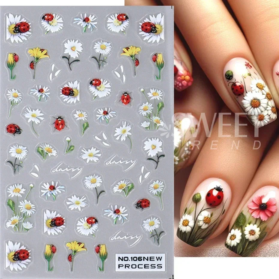 5D Daisy Flower Nail Stickers Cute Bee Blossom Petal Insect Self Adhesive Manicure Decal DIY Spring Summer Nail Art Decoration