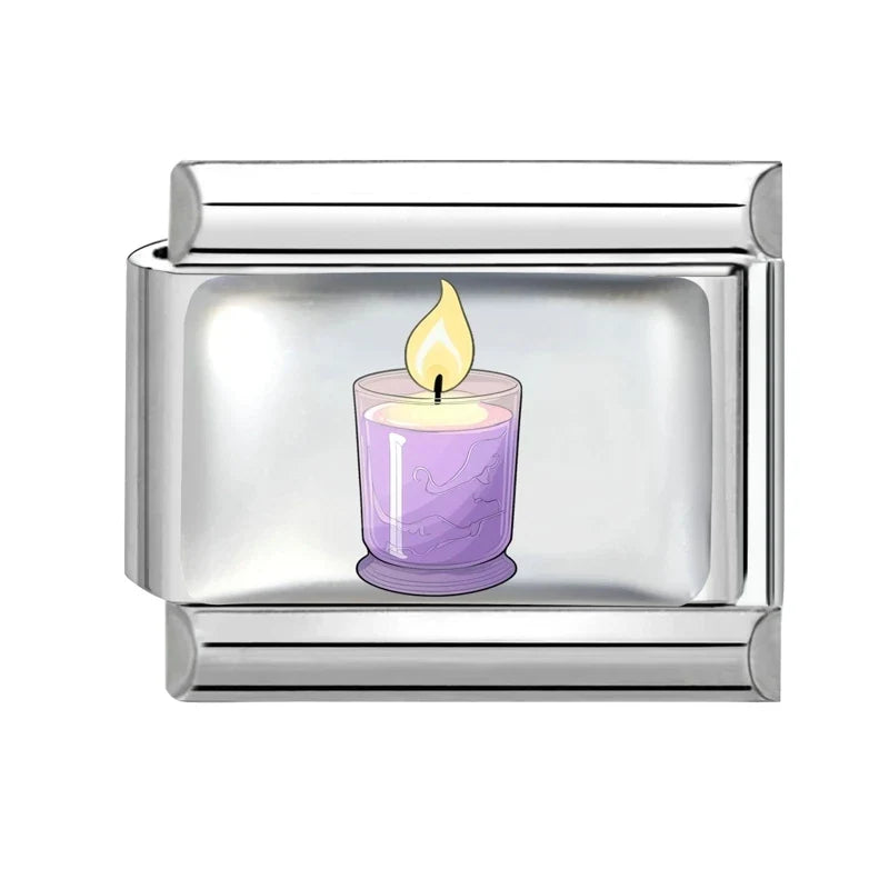 2026 Women's UV Style Purple 3D Flowers Books Candle Italian Charm Link Fit 9mm Stainless Steel Module Bracelet Making Jewelrys