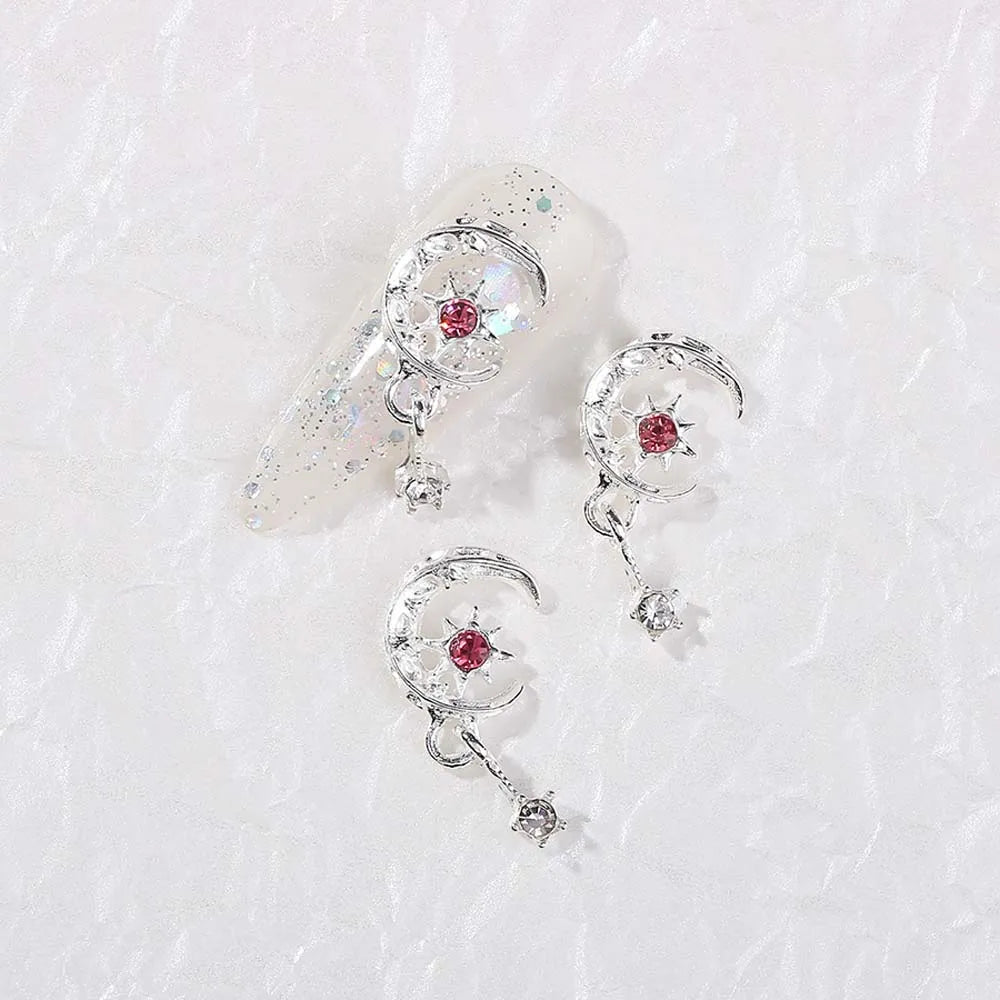 10Pcs New Moon Star Pendant Nail Art Charm 3D Metal Shiny Love Zircon Moon Tassels Nail Pendant DIY Nail Diamond Accessories