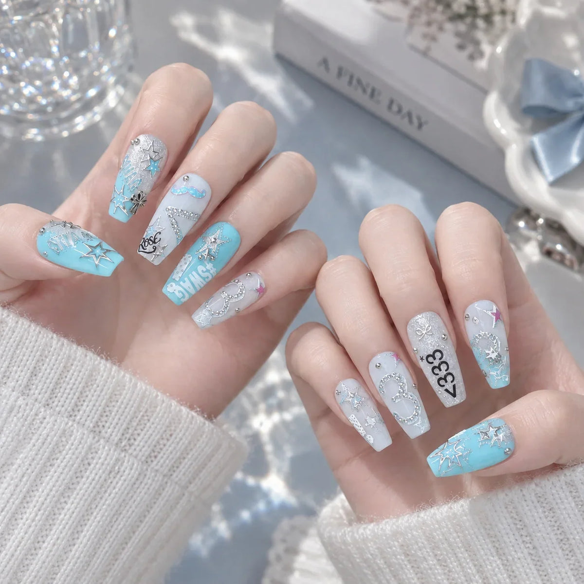 Metal Y2K Millennium Spicy Girl Nail Stickers Blues Vintage Blue Mark Silver Edge Musical Note Star Number Nail Accessories DIY