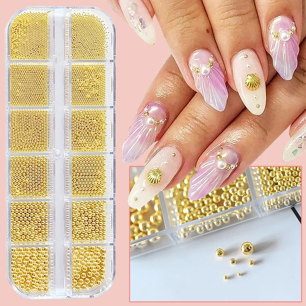 12Grids Gold/Silver Steel Beads Nail Art Charms Christmas Mixed-Size Caviar Bead With 1 Magnetic Pen Manicure Decor Rhinestones