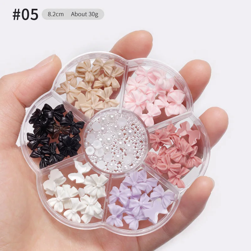 1Box Pink/White/Black Resin Flatback Bow Nail Art Charms 6 Grids (30Pcs)Cute Bowknot Nail Decorations for Acrylic Nails Manicure