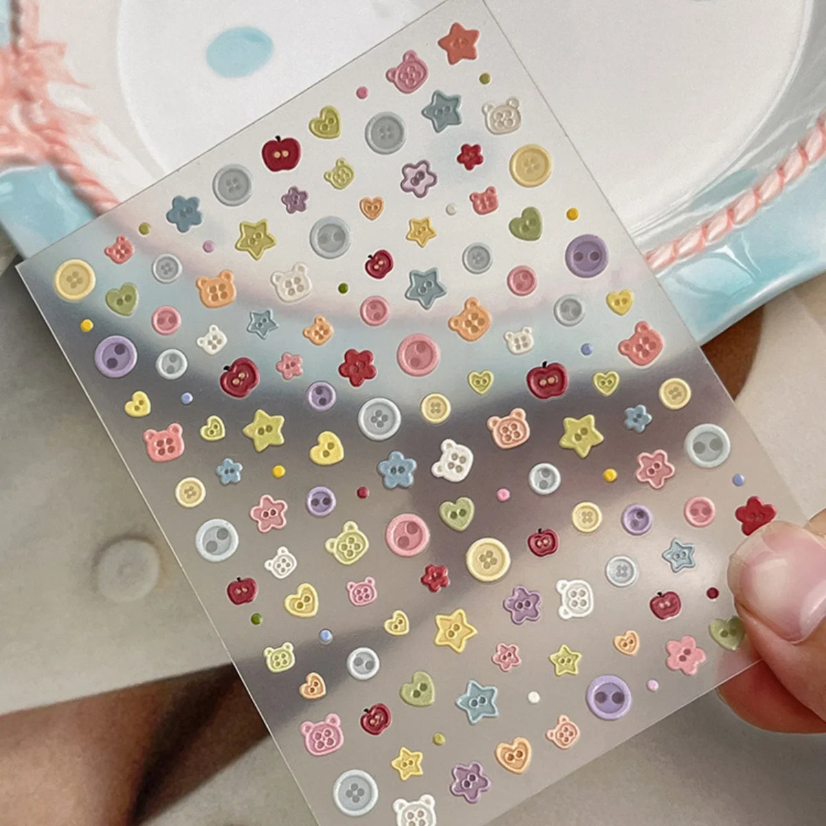 SUMMER Cute 5D Nail Art Sticker Color Button Bear Head Heart Star Bow Plaid Line Childlike Style Self Adhesive Decals Sweet DIY