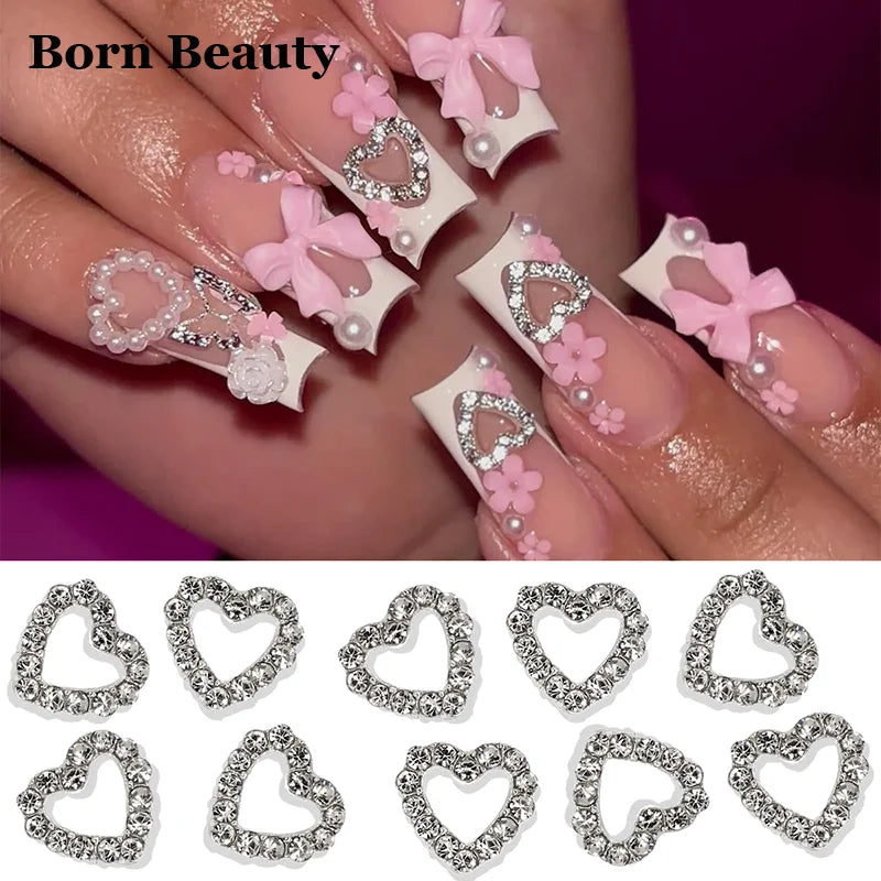 10pcs Silver Diamond Heart Shape Nail Art Charms 3D Nail Alloy Hollow-Out Crystal DIY Manicure Art Decoration Accessories