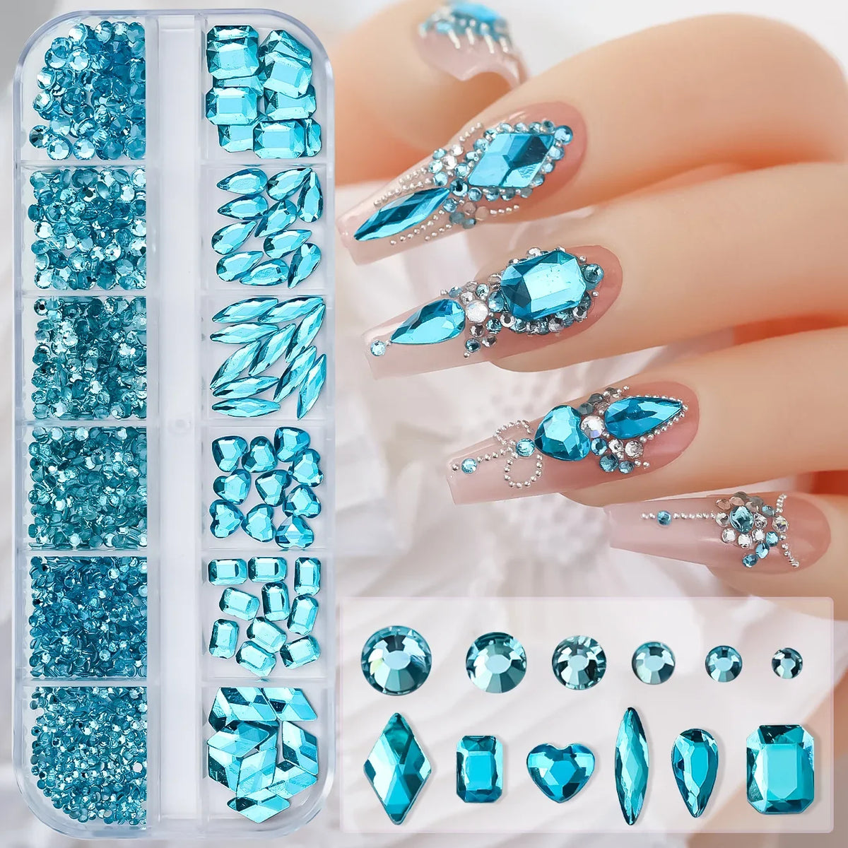 1000pcs+ Lake Blue Nail Rhinestones 12 Grids Mixed Shaped Non Hot Fix Flatback Crystal Nail Decoration DIY Luxury Nail Supplies