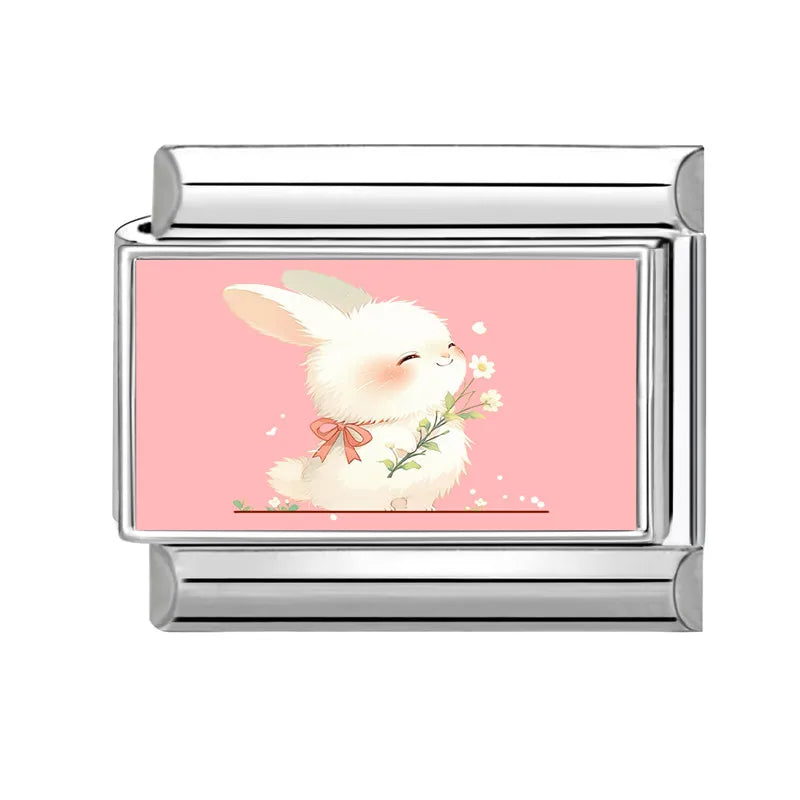 Easter Colorful Rabbits Series Beautiful Flowers Italian Link Fit 9mm Stainless Steel Bracelet Jewelry Making DIY Gift Wholesale