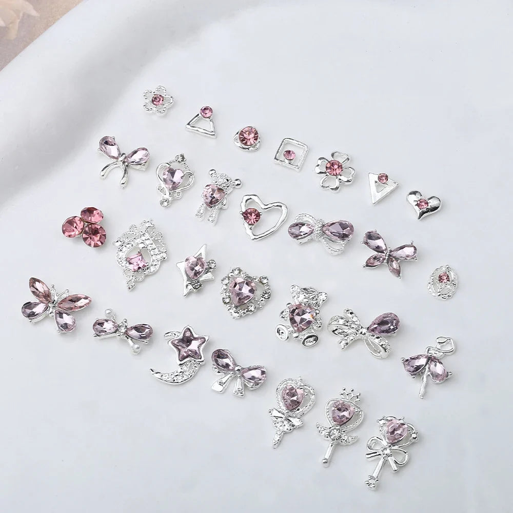 10Pcs Pink Alloy Collection Nail Art Charm 3D Shiny Diamond Crystal Gem Sliver Metal Nail Ornament DIY Exquisite Nail Decoration