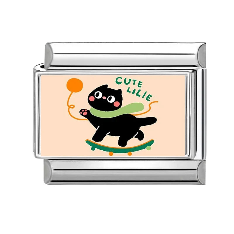 Wholesale Cute Funny Cats Catch Fish Dried Fish Charm Bracelet Fit 9mm Bracelet Stainless Steel Italian Links Making DIY Jewelry