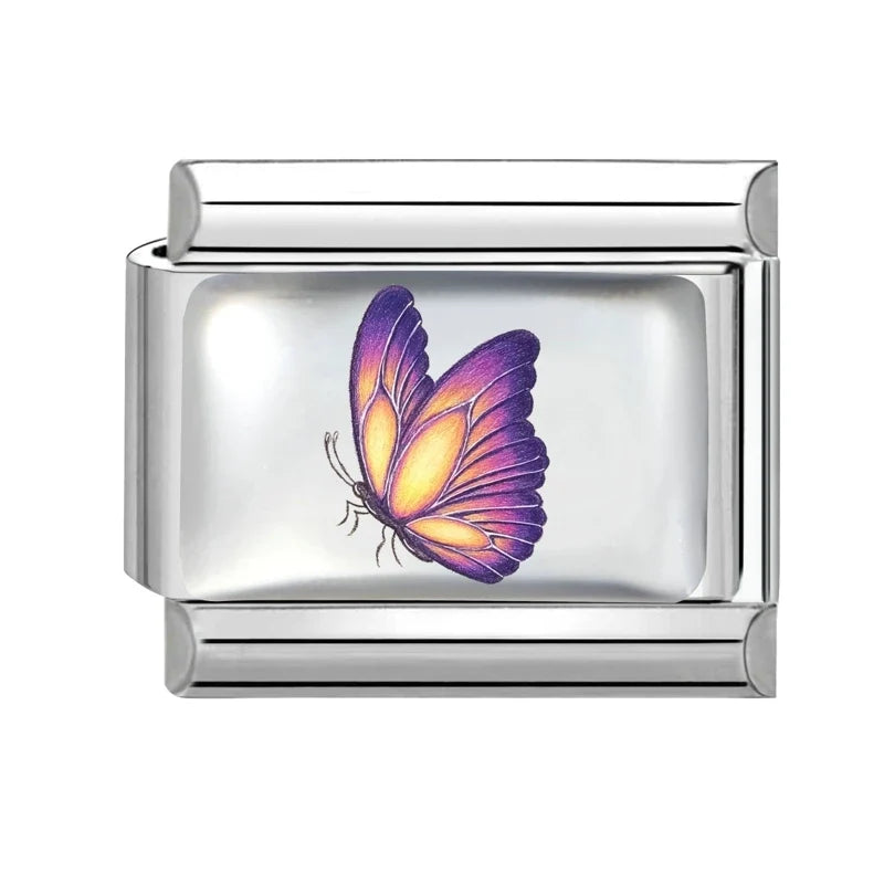2026 Women's UV Style Purple 3D Flowers Books Candle Italian Charm Link Fit 9mm Stainless Steel Module Bracelet Making Jewelrys