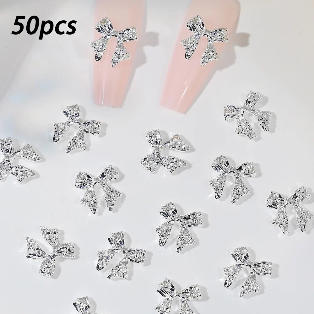 96/50Pcs 3D Bowknot/Ribbon Metal Nail Art Charms Sliver/Gold Alloy Bows Nails Rhinestones Decor Luxury DIY Manicure Accessories