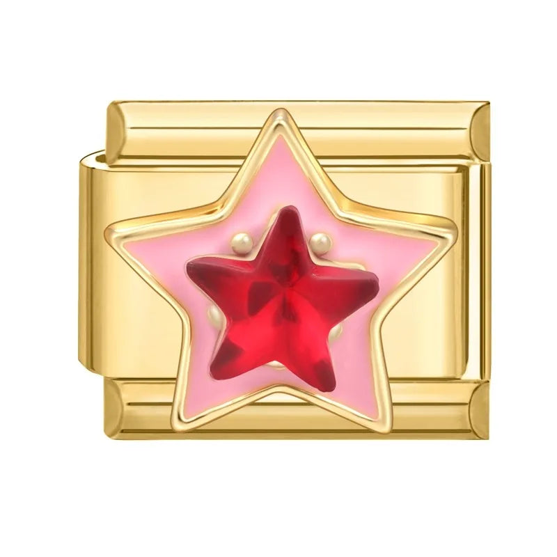 Fashion Dreamy Luxury Gold Color Series Red Heart Bows Zircon  Italian Charms Fit 9mm Stainless Steel Women Bracelet DIY Jewelry