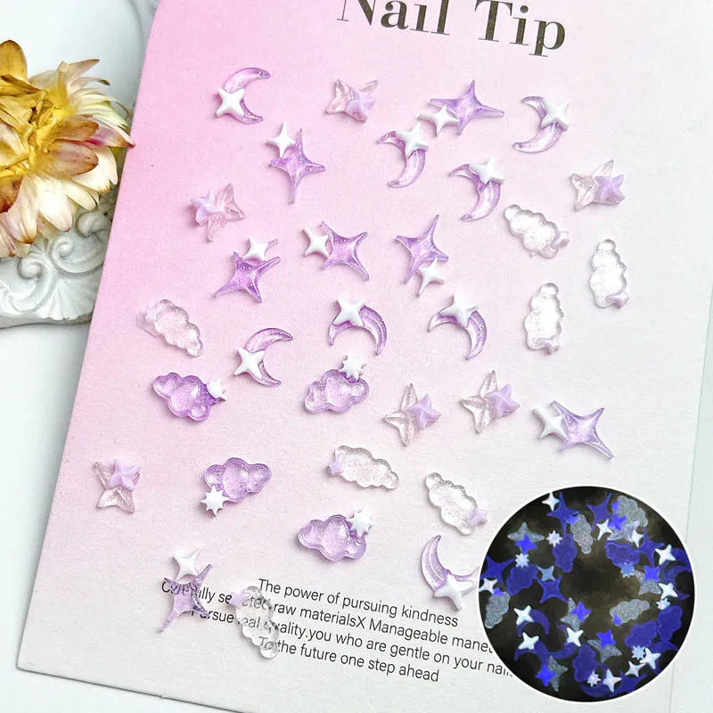 50PCS Transparent Resin Moon Cloud Nail Art Charms with White Purple Sparkling Four-pointed Star Nail Decoration DIY Nail Crafts