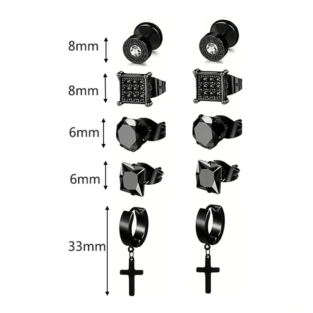 5 Pairs Stainless Steel Earrings Cross Dangle Hinged Earrings, Cubic Zirconia Stud Earrings For Men, Ear Piercing Jewelry