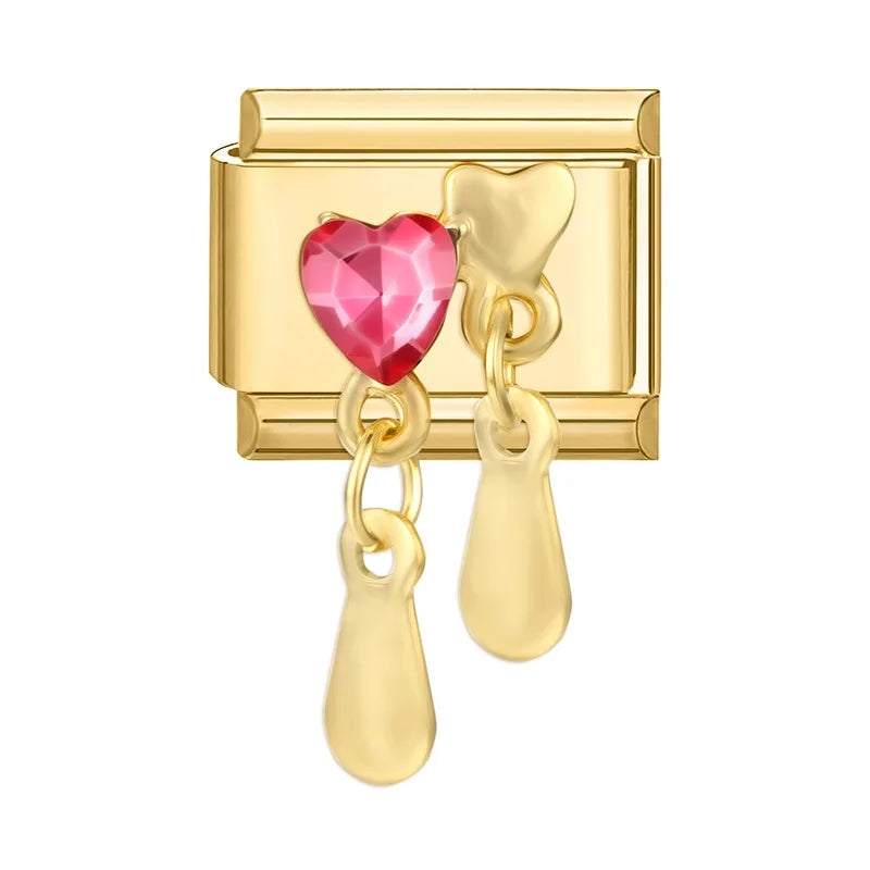 Fashion Dreamy Luxury Gold Color Series Red Heart Bows Zircon  Italian Charms Fit 9mm Stainless Steel Women Bracelet DIY Jewelry