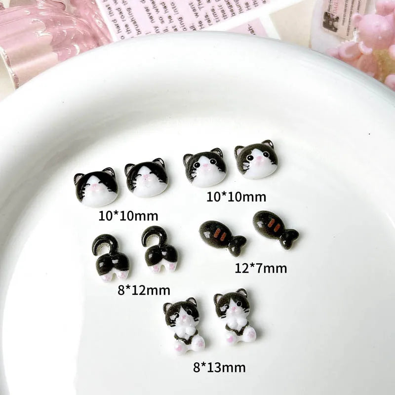 20Pcs Cartoon Cute Cat Head Butt Nail Art Charms Luminous Painting Small Fish Cat Resin Nail Decorations for DIY Hairpin Nails