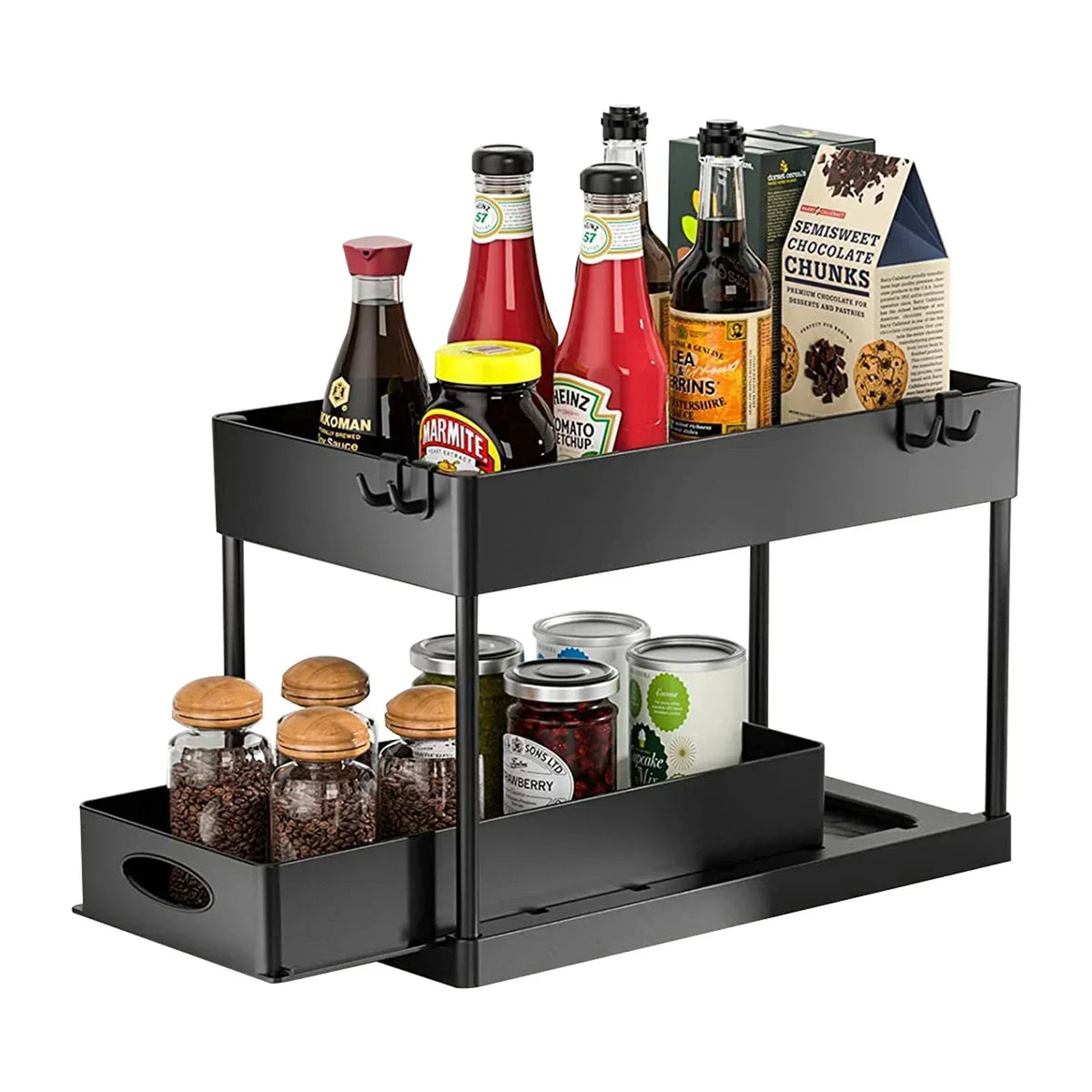 2-Tier Sliding Storage Basket Kitchen Bathroom under Sink Organizer with Multipurpose Shelf Hanging Cup & Hook Accessories