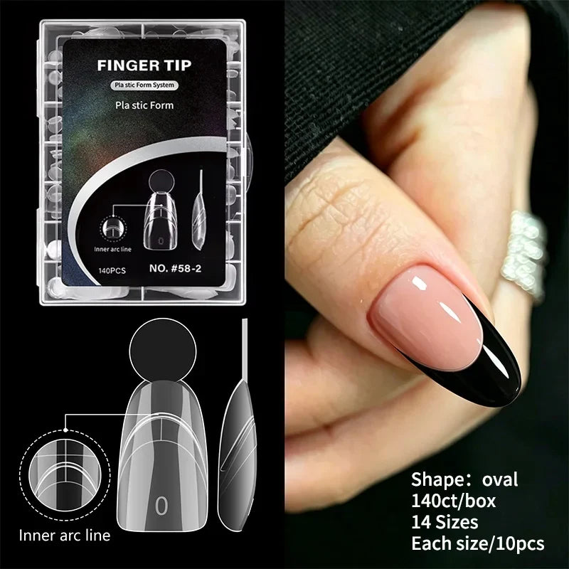 140PCS Full Cover Press On Nail Tips with Inner Arc Line Almond Square Coffin Oval Shape French Fake Nails for Nail Extension