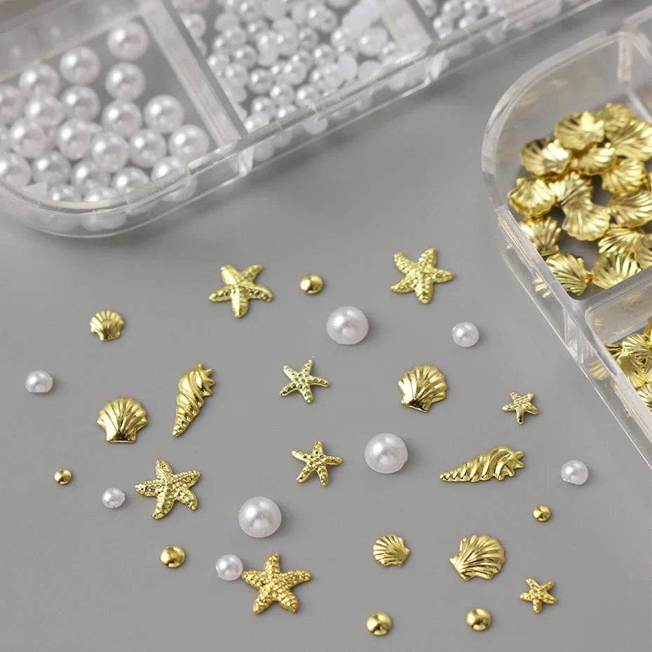 3D Golden Starfish Seashell Nail Art Charms Conch Metal Studs Pearls Caviar Beads Summer Manicure Studs Nail Art Decorations