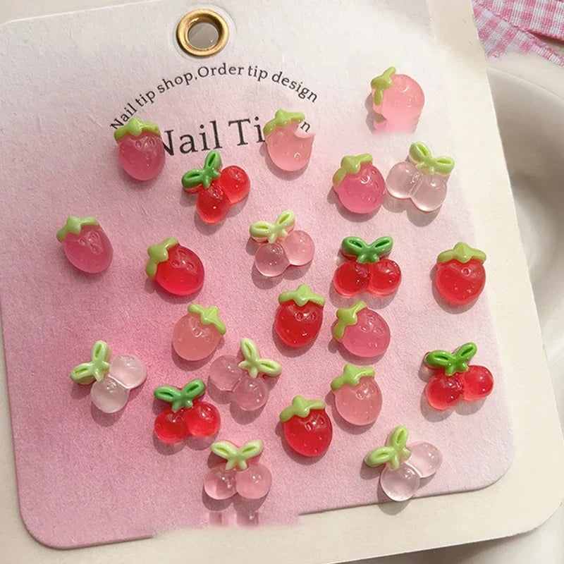 10pcs Nail Art Charms Resin Mini Cherry Strawberry Nail Art Flat Back Stone Figurines Scrapbook DIY Jewelry Decor Crafts