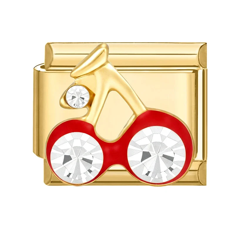 Fashion Dreamy Luxury Gold Color Series Red Heart Bows Zircon  Italian Charms Fit 9mm Stainless Steel Women Bracelet DIY Jewelry