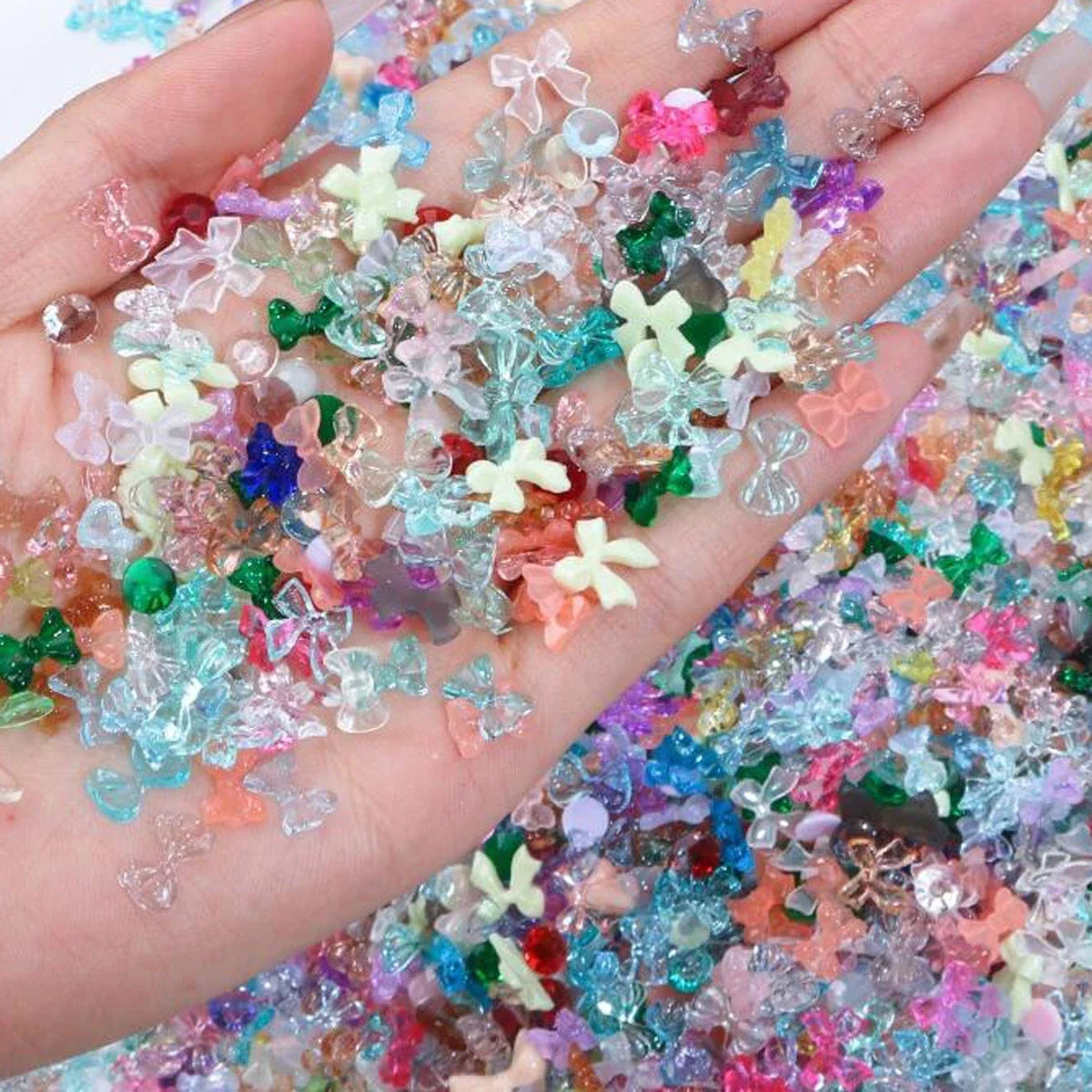 50g 3D Random Mixed Resin Bow/Diamond Nail Art Charms Cartoon Shapes Heart/Flower/Ribbon Rhinestone Cute DIY Manicure Accessory