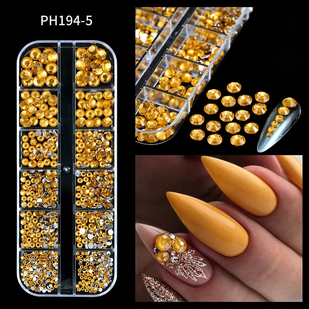 12Grids Ocean Gold Nail Art Charms Shell/Seahorse/Starfish White Half Round Pearl Gems 3D Mixed Punk Manicure Metal Rivets Studs