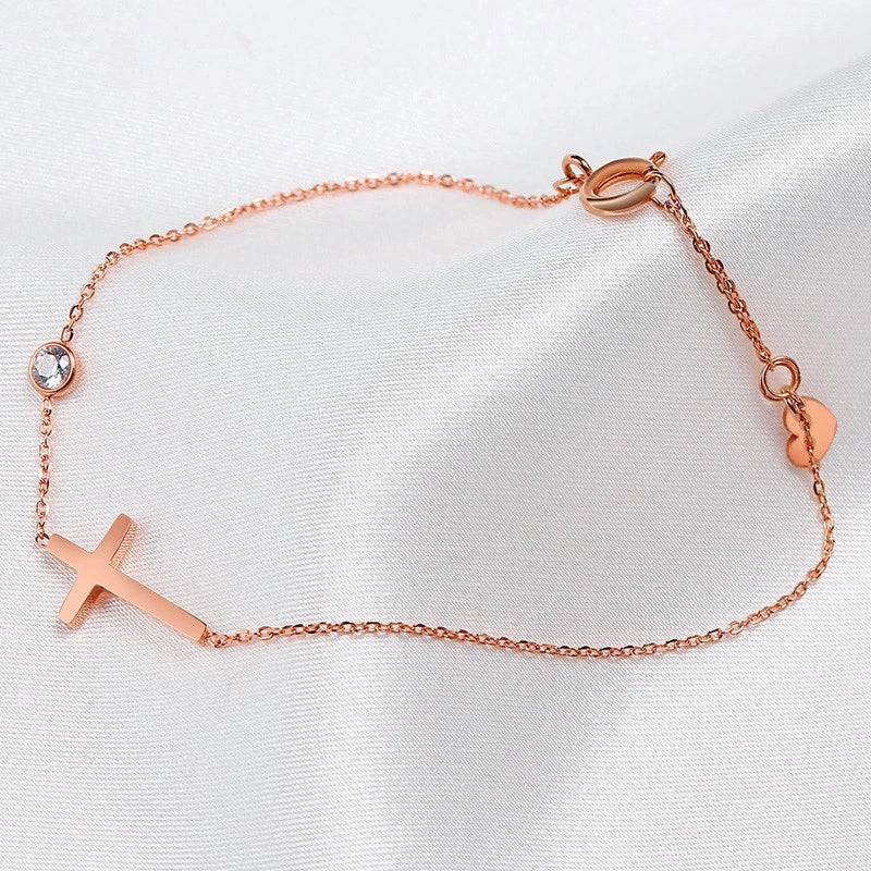 Huitan Simple Single Chain Bracelet for Women Fancy Cross Charm with Shiny CZ Fashion Versatile Female Hand Jewelry Wholesale