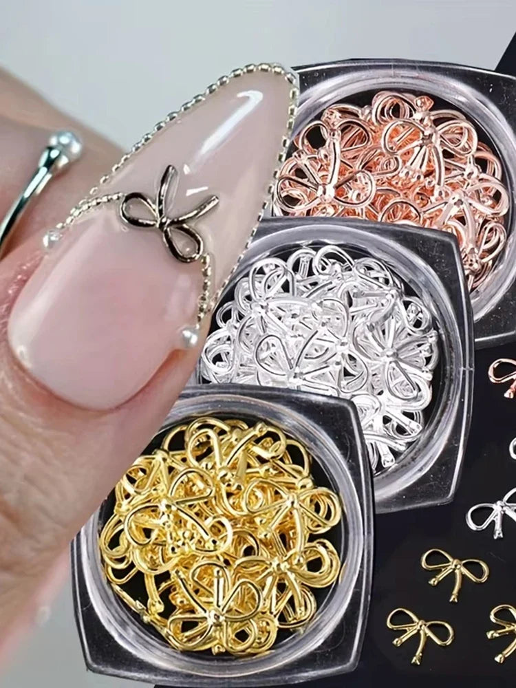 3 Bottle Boxed Nail Accessories Gold Silver Rose Gold Hollow Metal Bow Classic Bow Decoration Girls Square Bottle Metal Bow 2026