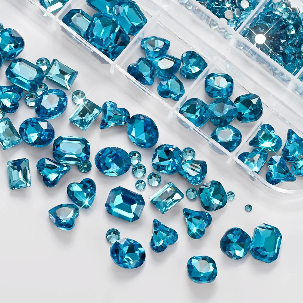 12Grids 3D Lake Blue Mixed Shape Nail Rhinestones Square/Round/Heart Glass Diamond Nail Art Charms Luxury Manicure Jewelry Gems