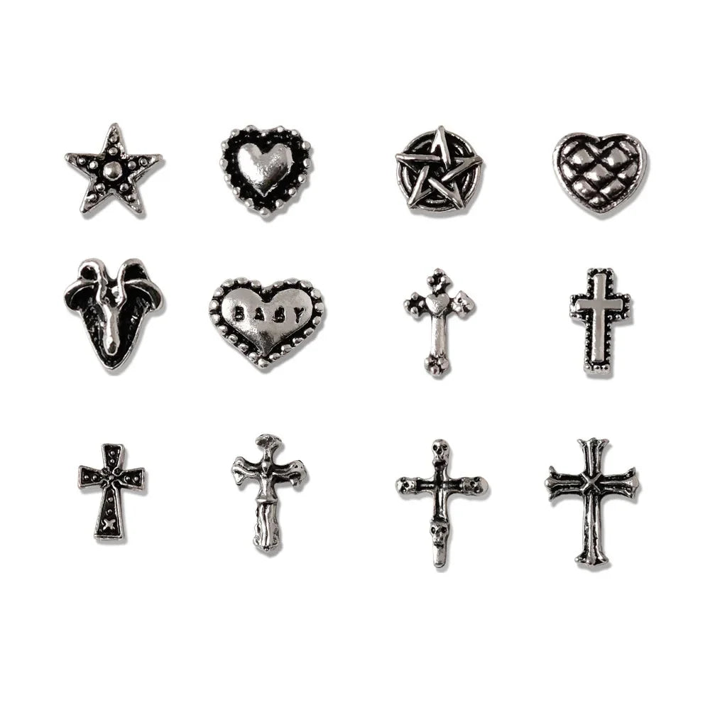 50pcs Mini Alloy Cross Nail Art Charm 3D Small Chrome Ancient Silver Heart Nail Decoration Jewelry Punk Design Nail Accessories