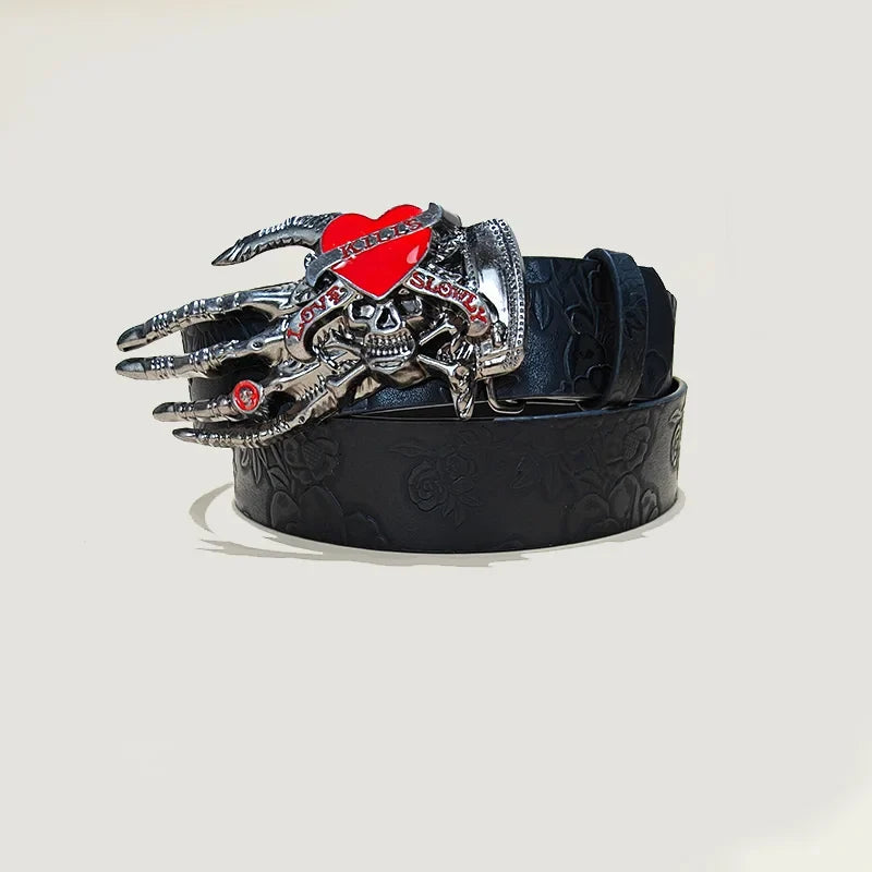 Punk Skull Plus Size Leather Belt For Women and Men Harajuku Gothic Y2K Embossed Skeleton Hand Decoration Halloween Accessories