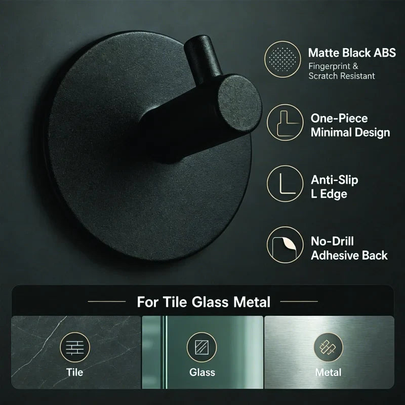 5 PCS Matte Black ABS Adhesive Wall Hooks Waterproof No Drill Heavy Duty Towel Hooks for Bathroom Shower Home Hanging