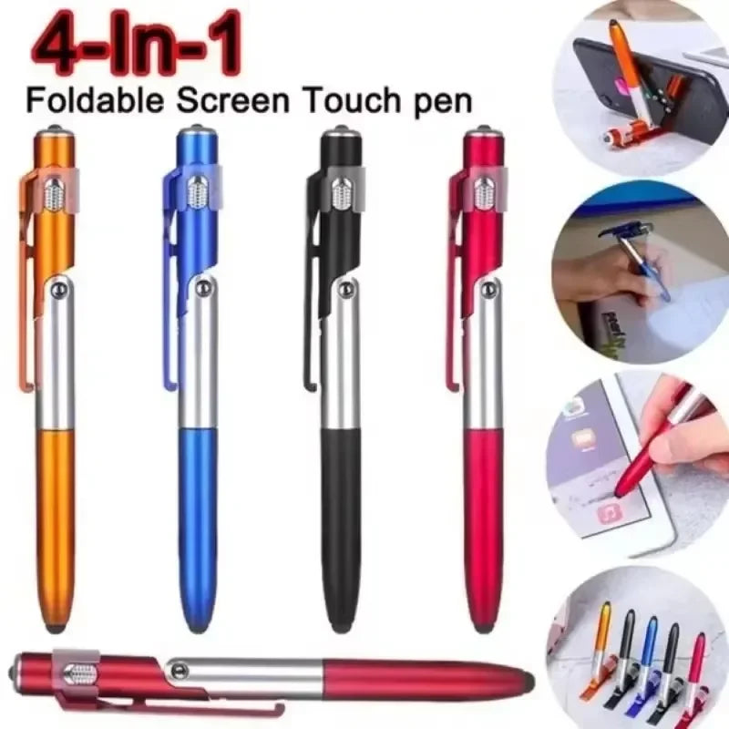 Multifunction 4-in-1 Foldable Ballpoint Pen Stylus (Flashlight + Support) for Tablet Cellphone