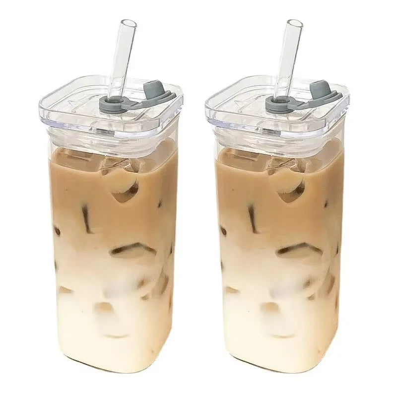 1Pcs Square Heat Resistant Coffee Glass Cup With Lid and Straw Transparent Milk Tea Juice Cups Coffee Mug For Home Bar Drinkware