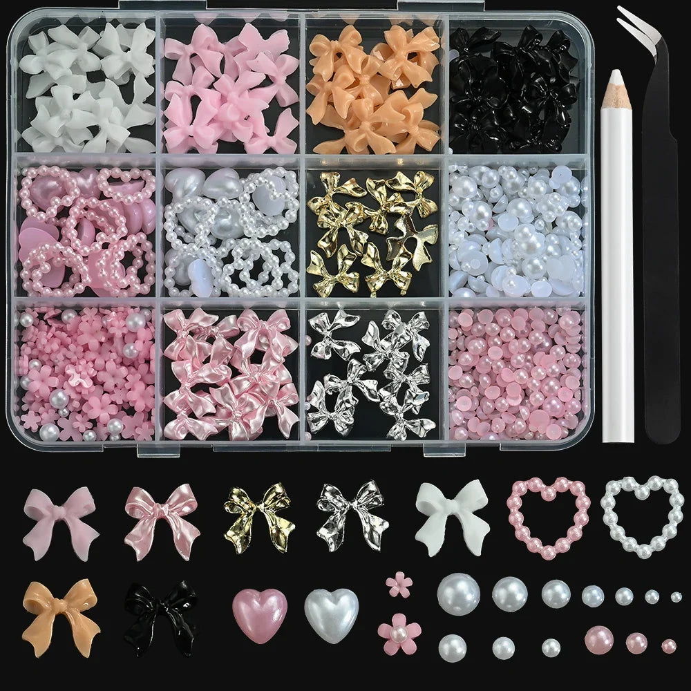 12Grids 3D Multi-Colors Ribbon Flower Nail Art Charms Simulated Perals Love,Metal Bowknot Nail Decoration DIY Manicure Accessory