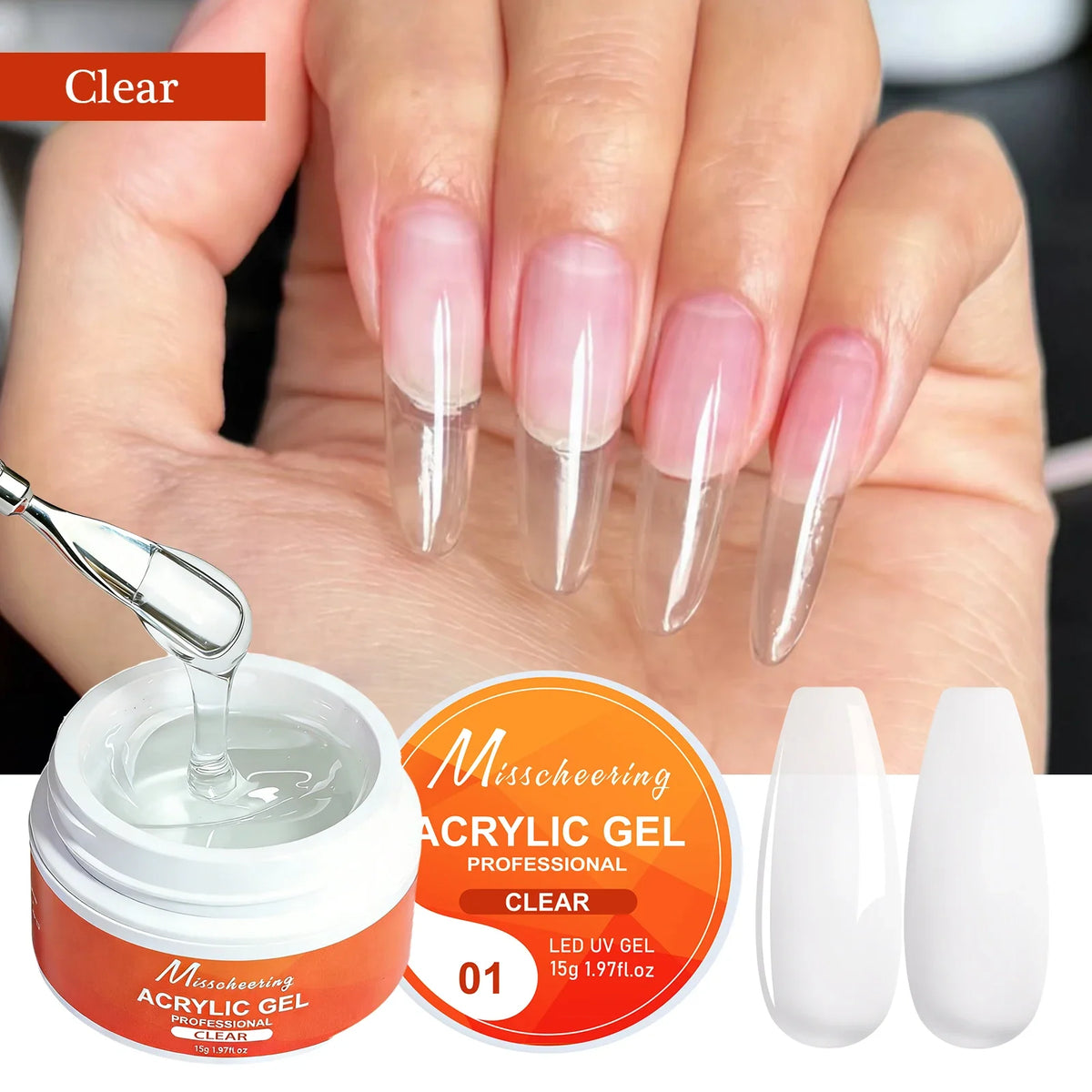 Misscheering15g 5-in-1 Acrylic Gel UV LED Nail Extension Gel Shaping Building Repair Clear/Rose Pink/White Long-Lasting 28+ Days