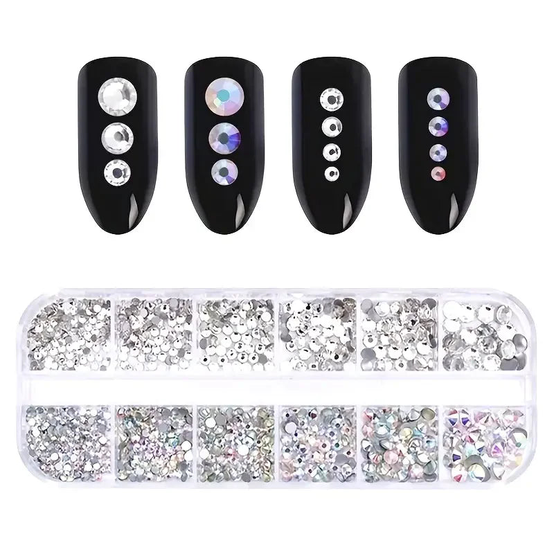 Boxed 3D Flat Back Nail Rhinestones Nail Gems Glass AB & Clear Crystal Rhinestones Kit Nail Art Charms DIY Manicure Accessories