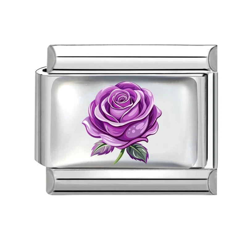 2026 Women's UV Style Purple 3D Flowers Books Candle Italian Charm Link Fit 9mm Stainless Steel Module Bracelet Making Jewelrys