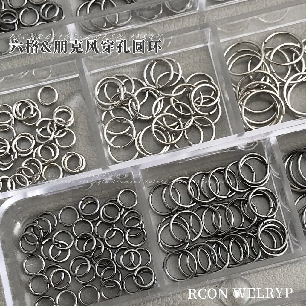 6 Grids Mix Punk Piercing Perforable Round Circle Ring White K Gun Black Alloy Nail Rhinestones Decorations Manicure Charms