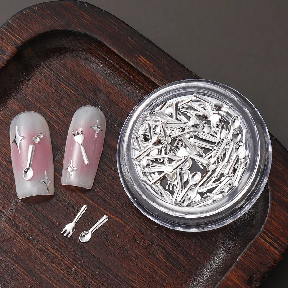 1/2 Boxes Gold Fork & Spoon Nail Decor Funny Mini Silver Tableware Nail Art Charms Korean Cute Alloy Nail Manicure Accessories