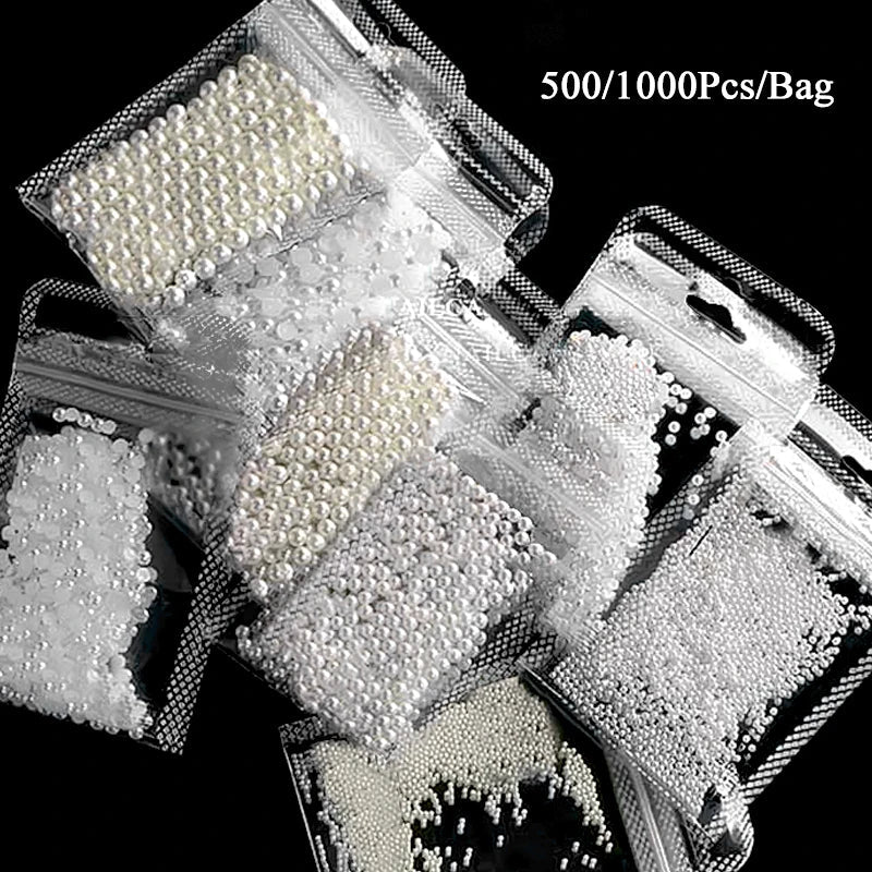 White Pearls Nail Beads DIY Manicure 3D Nail Art Decoration Rhinestone Half Round Mixed Size Beige Flatback Nail Material Supply
