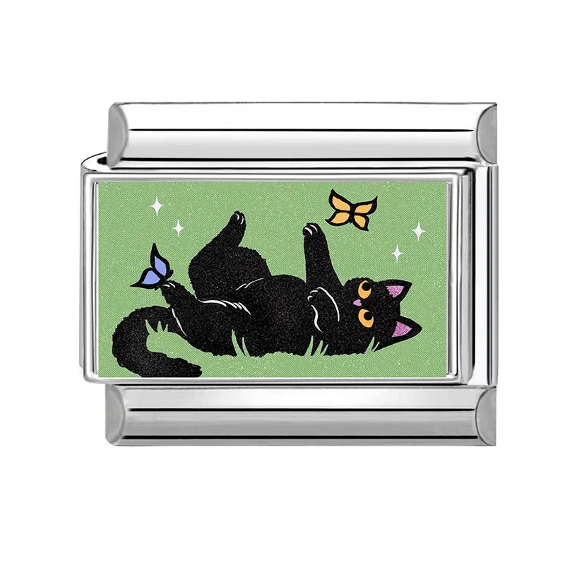 Wholesale Cute Funny Cats Catch Fish Dried Fish Charm Bracelet Fit 9mm Bracelet Stainless Steel Italian Links Making DIY Jewelry